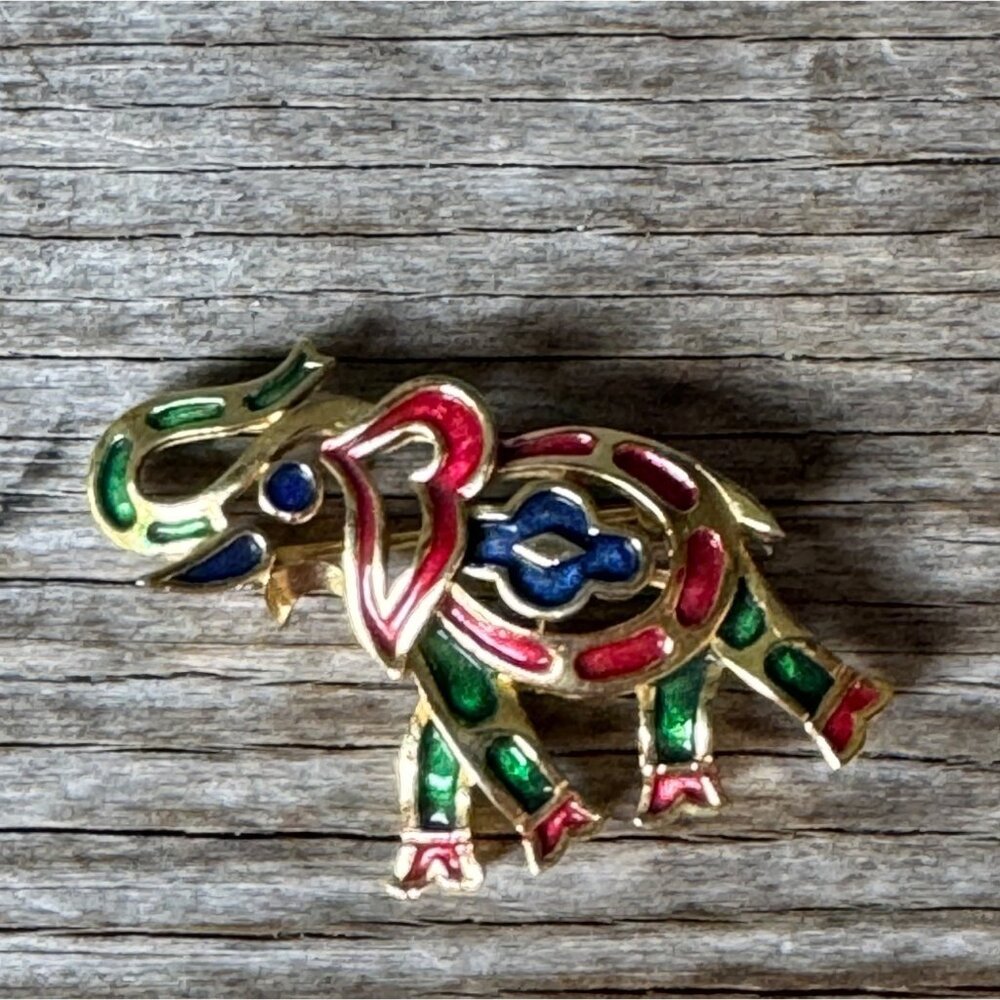 Vintage Crown Trifari Elephant Brooch Gold Tone Enamel Red Green Blue Pin 1.5”